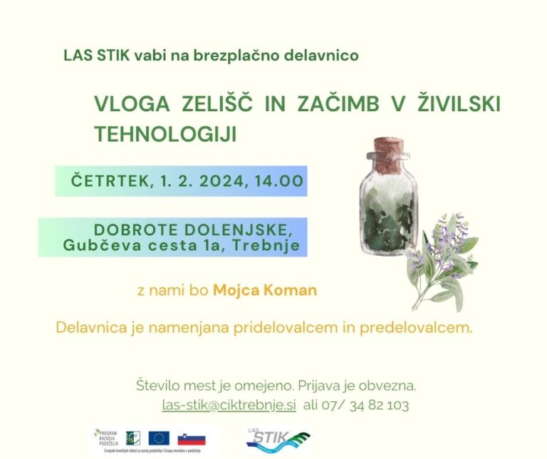 Plakat brezplačne delavnice vloga zelišč in začimb v živilski tehnologiji.