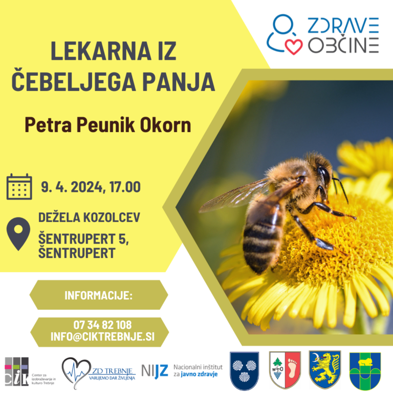 Plakat predavanja Lekarna iz čebeljega panja. Na njem slika čebele na cvetlici.