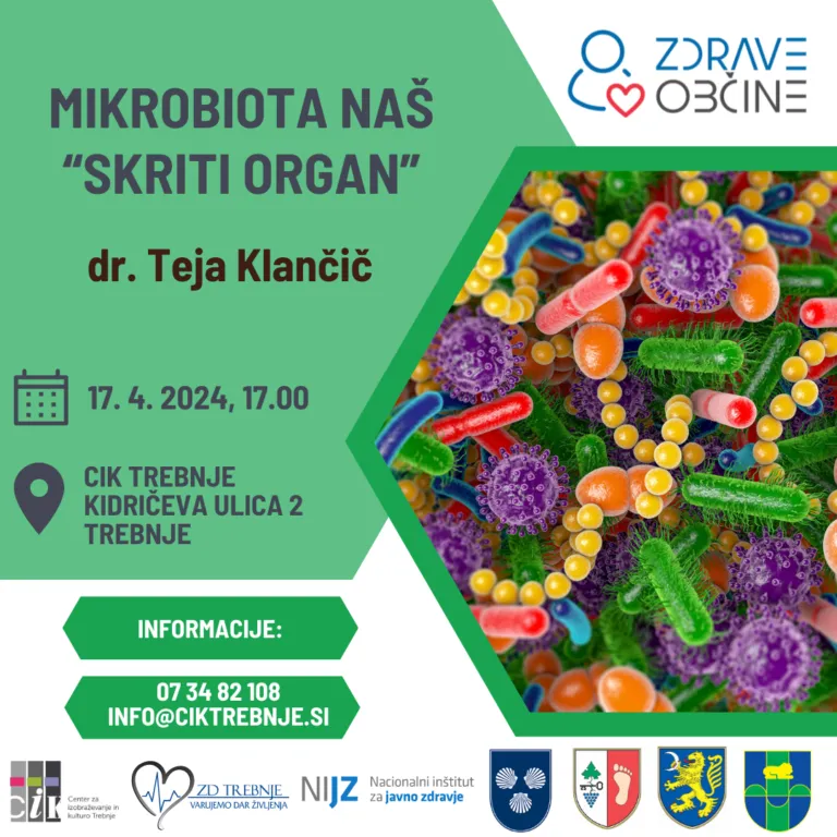 Plakat dogodka "Mikrobiota, naš skriti organ". Na njem simbolični prikaz slike različnih bakterijski kultur.