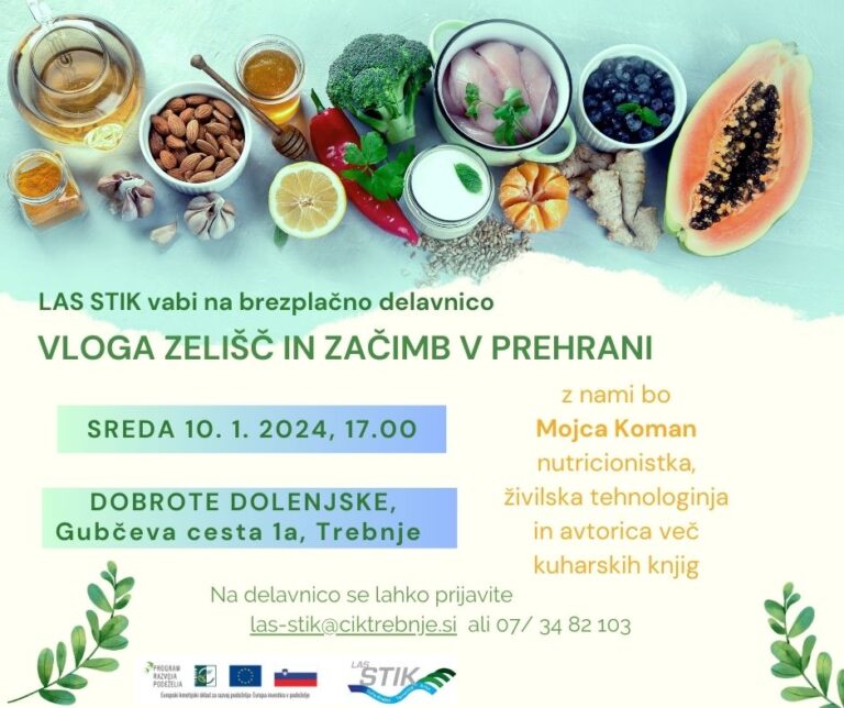 Plakat dogodka vloga zelišč in začimb v prehrani. Na njem so prikazane razne prehranske sestavine, ki ustvarijo barvito celoto.