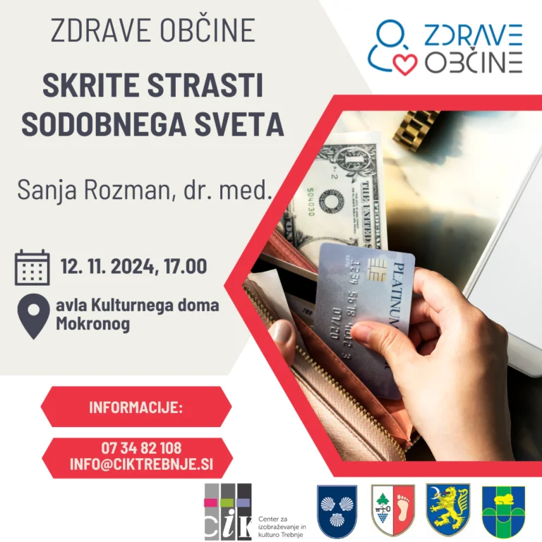 Plakat dogodka na katerem je fotografija roke, ki drži plačilno kartico.