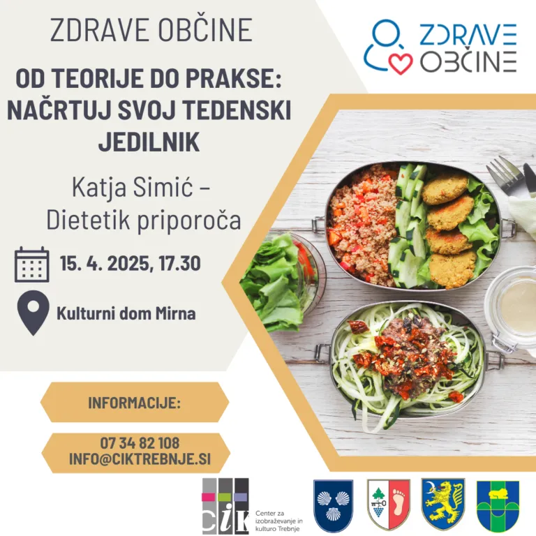 Plakat dogodka Brezplačno predavanje Od teorije do prakse: Načrtuj svoj tedenski jedilnik. Vsebuje sliko različnih zdravih jedi, ki so zelo lepo postrežene.