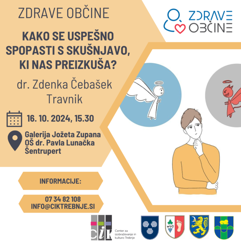 Plakat dogodka "Kako se uspešno spopasti s skušnjavo, ki nas preizkuša?" Na njem slika dečka, katerega begata angelček in hudiček.