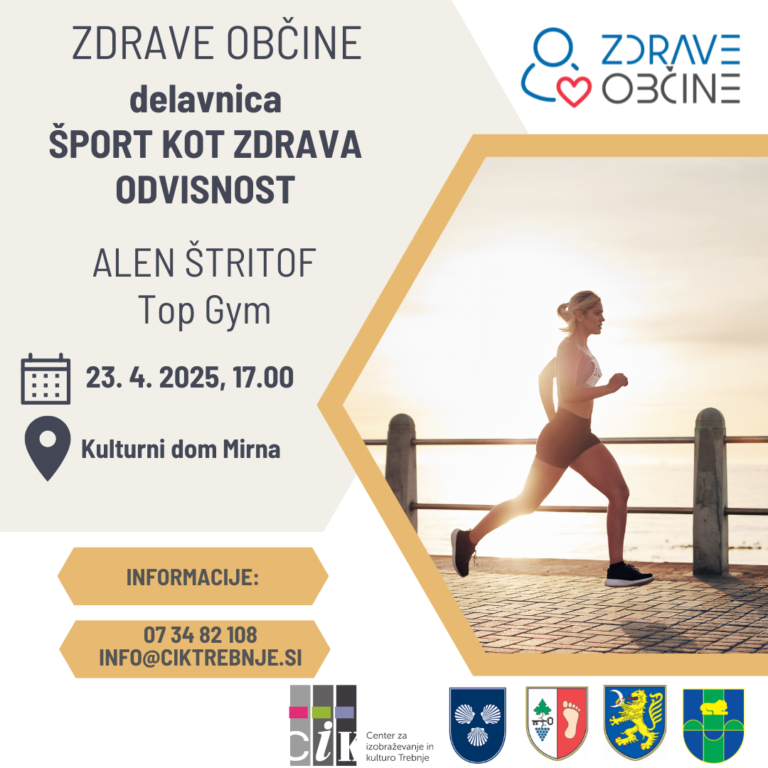 Plakat dogodka delavnice ŠPORT KOT ZDRAVA ODVISNOST. Na plakatu je fotografija ženske, ki teče ob sončnem zahodu.