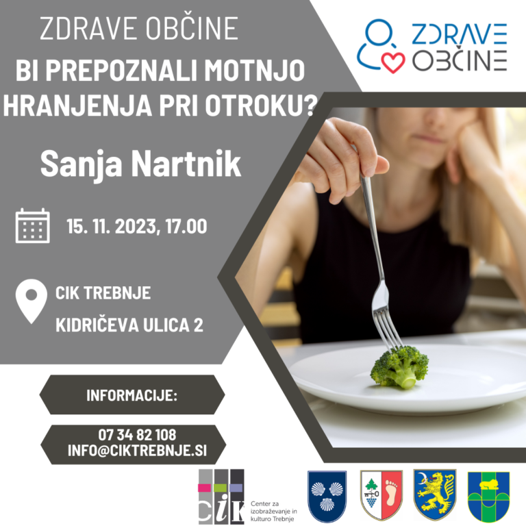 Plakat promocije dogodka "Bi prepoznali motnjo hranjenja pri otroku?" Na plakatu fotografija punce, z vilico. Na krožniku je en košček brokolija, katerega punca gleda z dvomom.