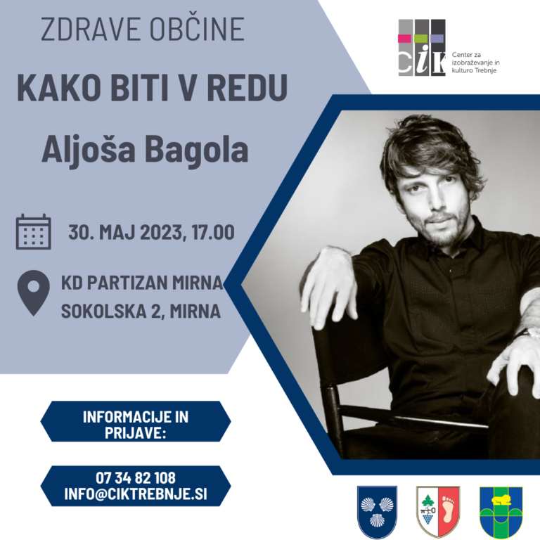Plakat dogodka Kako biti v redu. Na plakatu je fotografija predavatelja Aljoše Bagola.