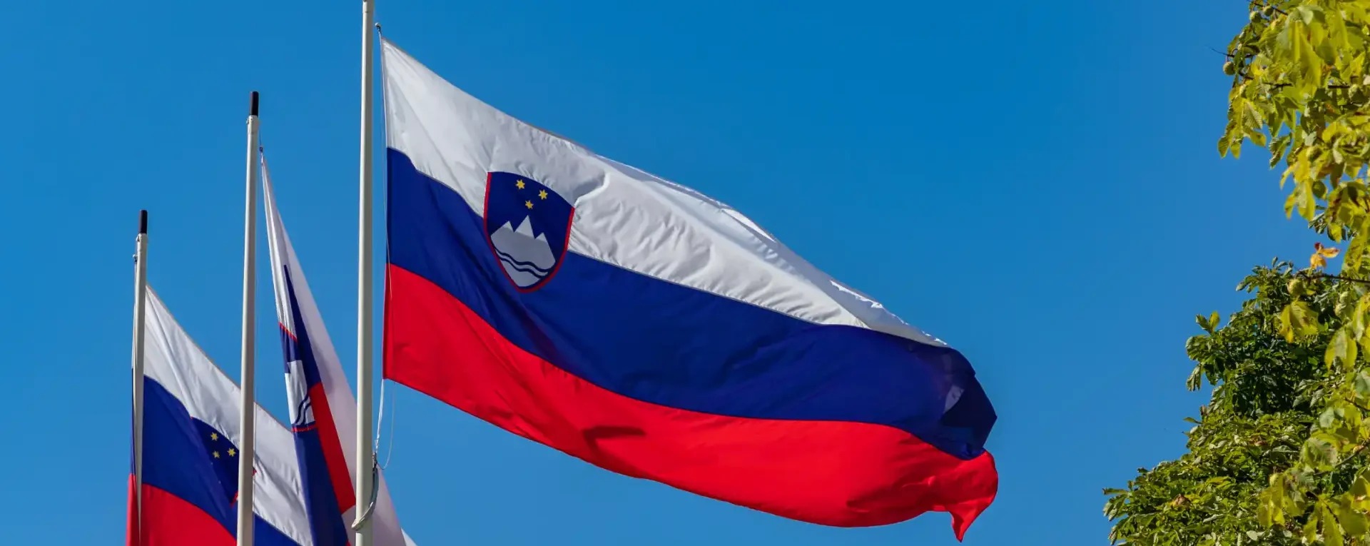 Slovenska zastava plapola pod modrim nebom.